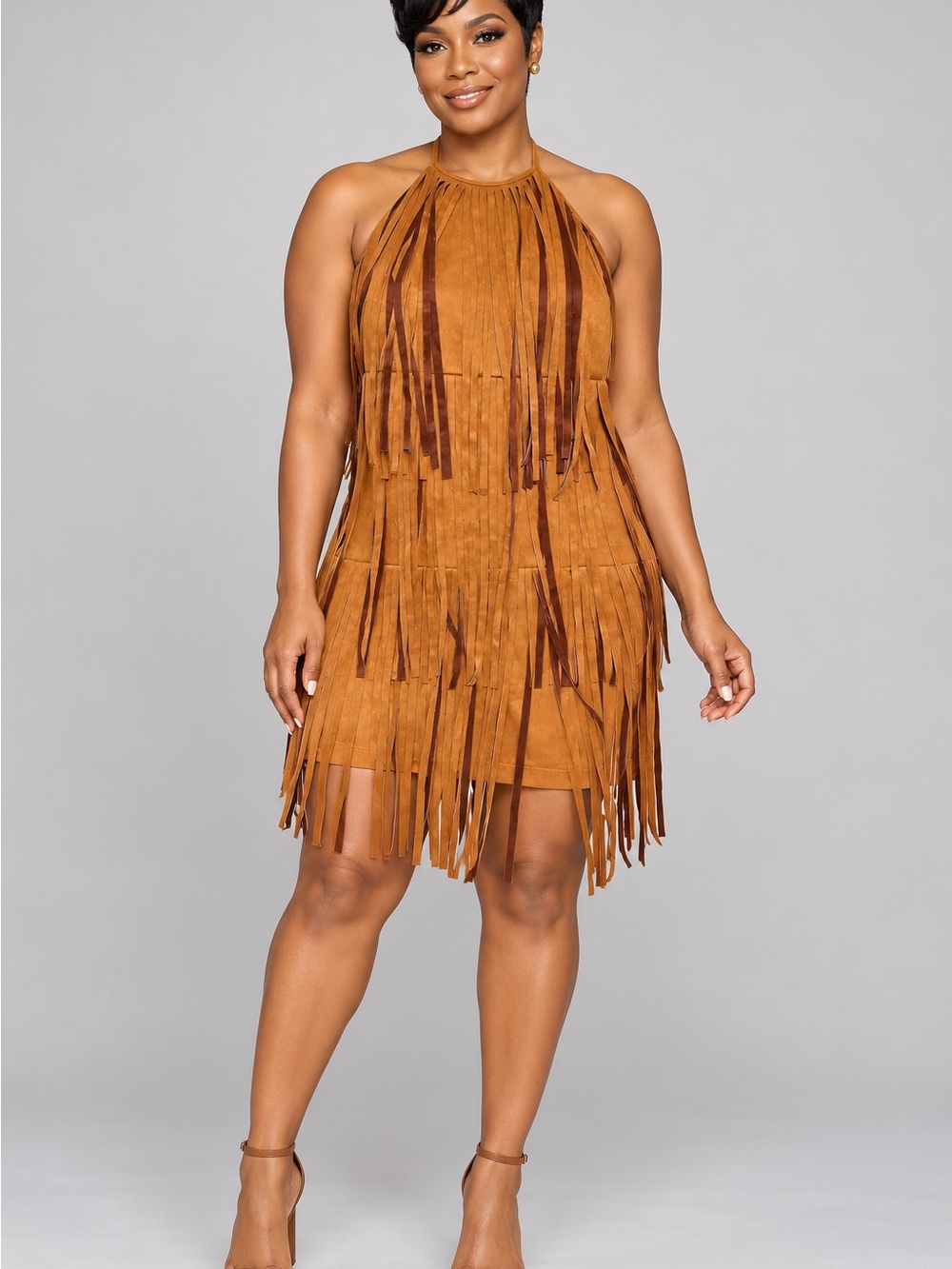 Suede Fringe Halter Mini Dress - Tan